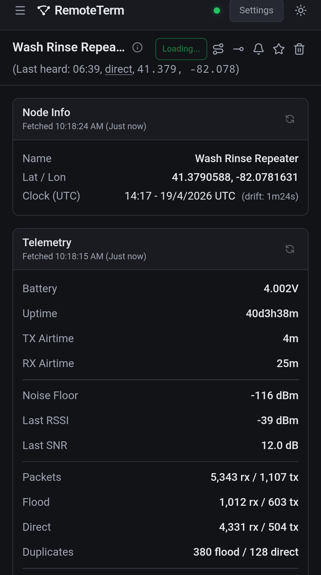 RemoteTerm for Meshcore viewing my home repeater telemetry 